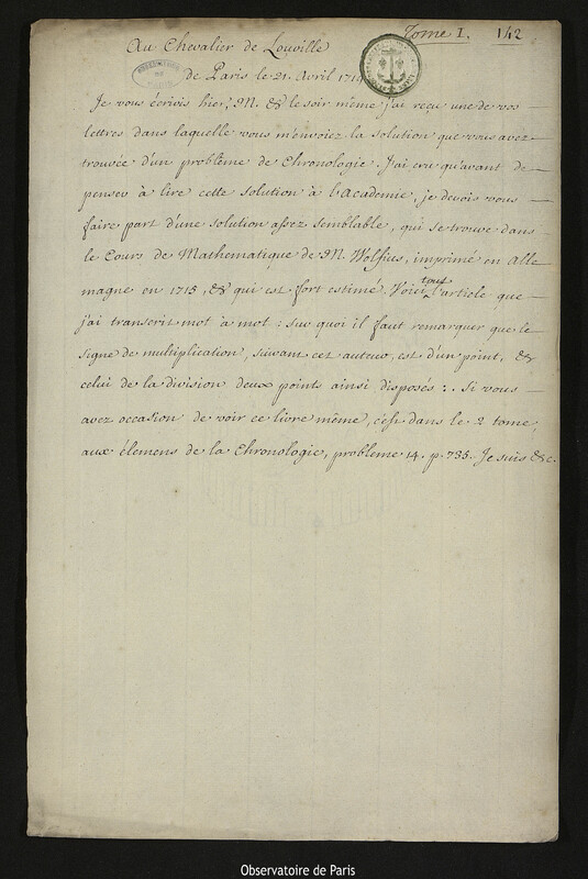 Lettre de Joseph-Nicolas Delisle à Jacques d'Allonville de Louville, Paris, 21 avril 1719