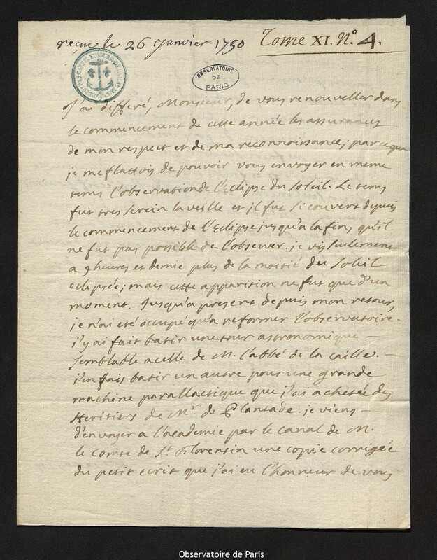 Lettre de Esprit Pezenas à Joseph-Nicolas Delisle, Marseille, 10 janvier 1750