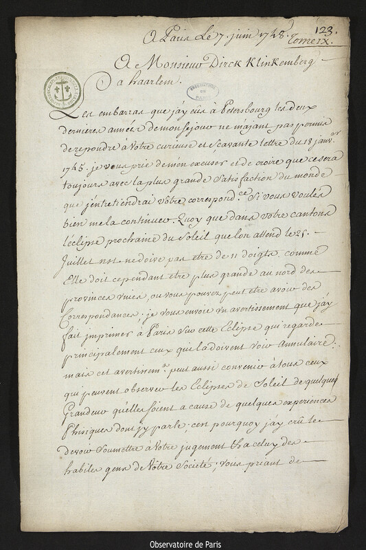 Lettre de Joseph-Nicolas Delisle à Dirk Klinkenberg, Paris, 7 juin 1748