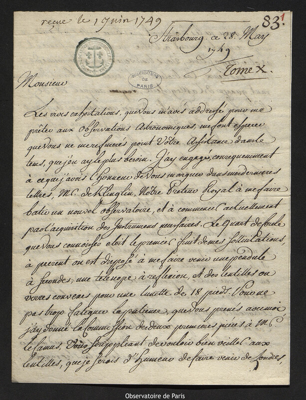 Lettre de Jean Jérémie Brackenhoffer à Joseph-Nicolas Delisle, Strasbourg, 28 mai 1749