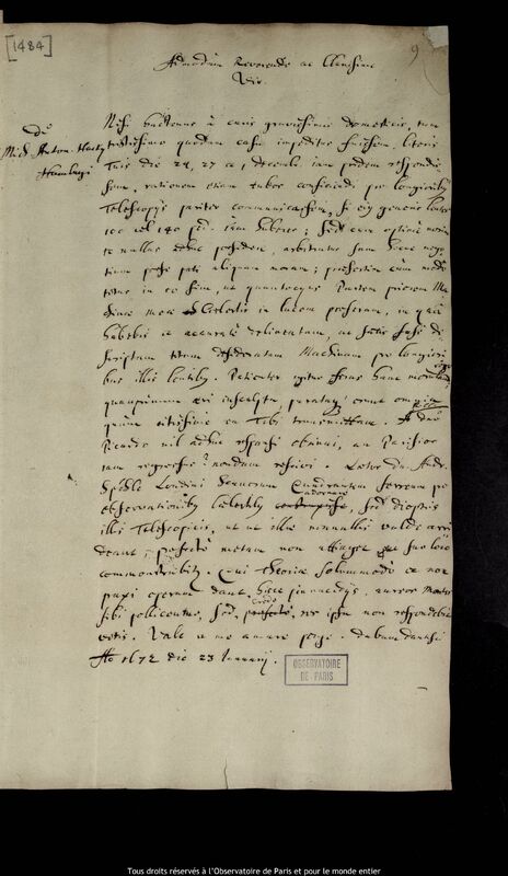 Lettre de Jan Heweliusz à Michal Antoni Hacki, Gdansk, 23 janvier 1672