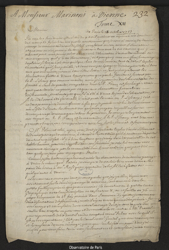 Lettre de Joseph-Nicolas Delisle à Luigi Lorenzi, Paris, 27 octobre 1753