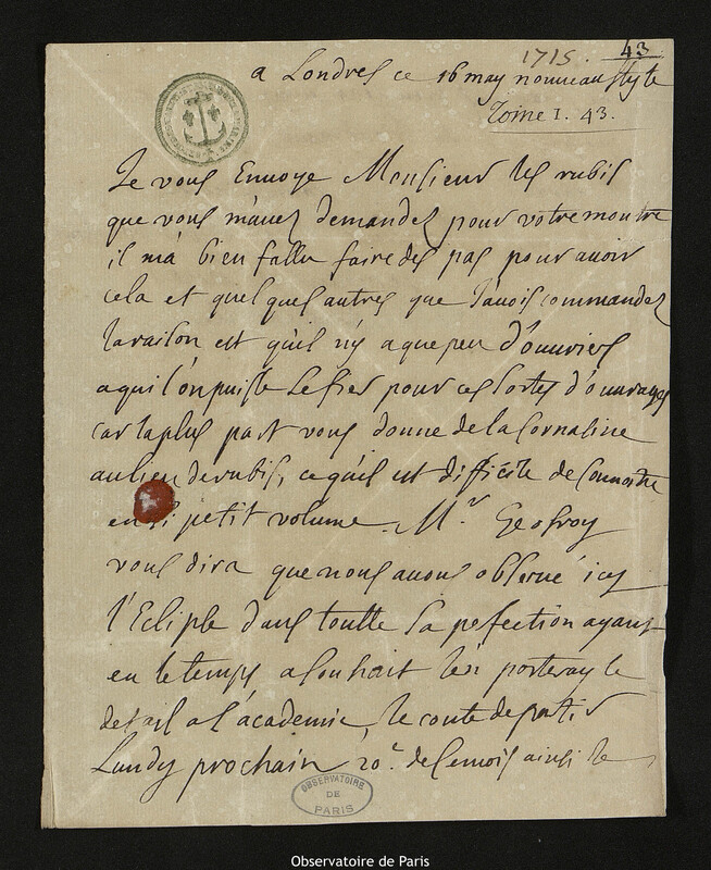 Lettre de Jacques d'Allonville de Louville à Joseph-Nicolas Delisle, Londres, 16 mai 1715