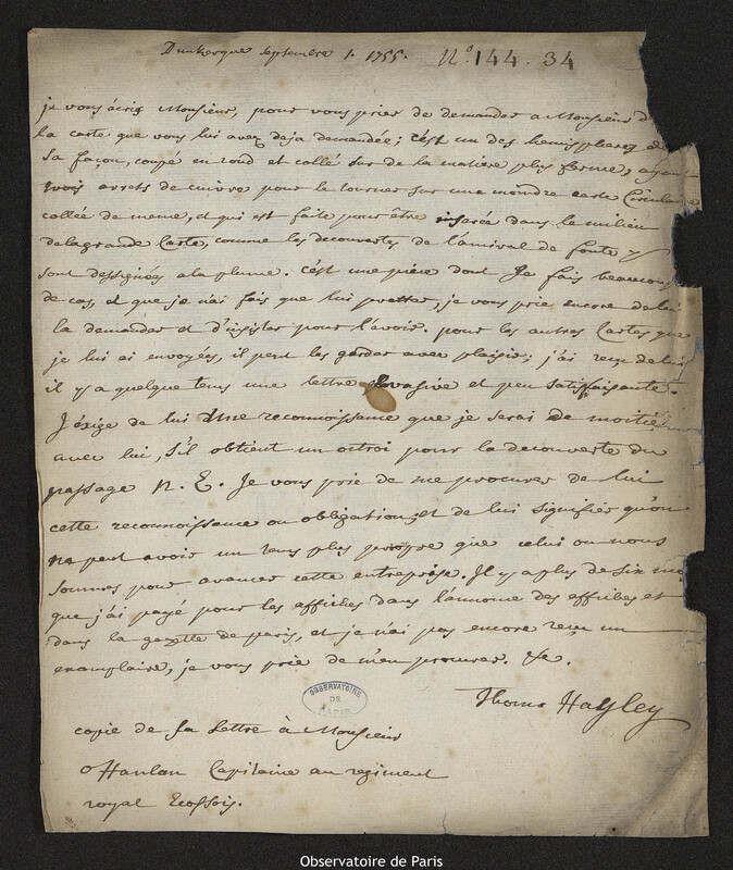 Lettre de Thomas Hayley à O'Hanlon, Dunkerque, 1 septembre 1755