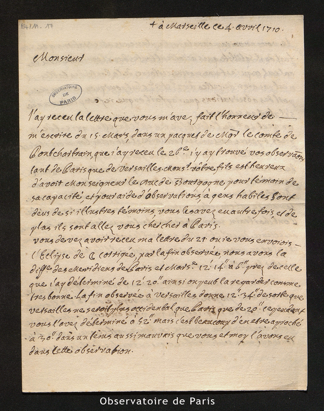 Lettre de Laval à [Cassini I], Marseille le 4 avril 1710