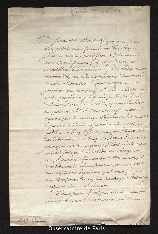 Lettre de D'Angiviller à Cassini IV, le 25 janvier 1786