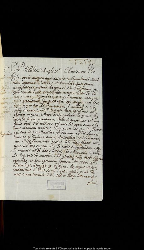 Lettre de Stanislaw Lubieniecki à Jan Heweliusz, Hambourg, 2 août 1667