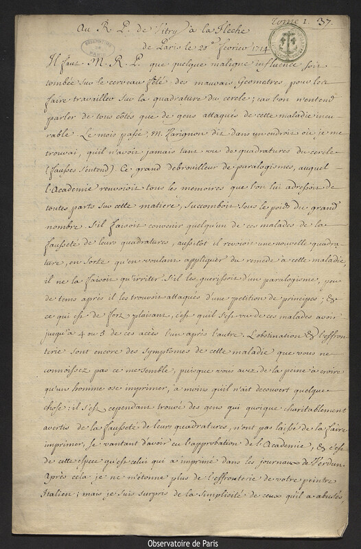 Lettre de Joseph-Nicolas Delisle à Édouard de Vitry, Paris, 25 février 1714