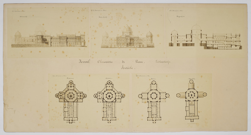 Nouvel observatoire de Vienne, Türkenschantze, Autriche : Seitenansicht [fig. 1] ; Vordere Ansicht [fig. 2] ; Längenschnitt [fig. 3] ; Fündament & Souterrain [fig. 4] ; Parterre & Ertser Stock [fig. 5] (titre original)