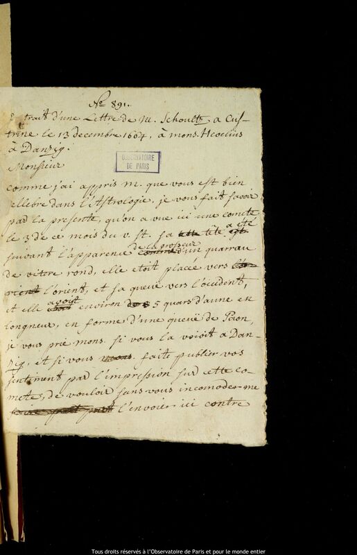 Texte manuscrit de Christian Schultz à Jan Heweliusz, Kostrzyn nad Odra, 13 décembre 1664