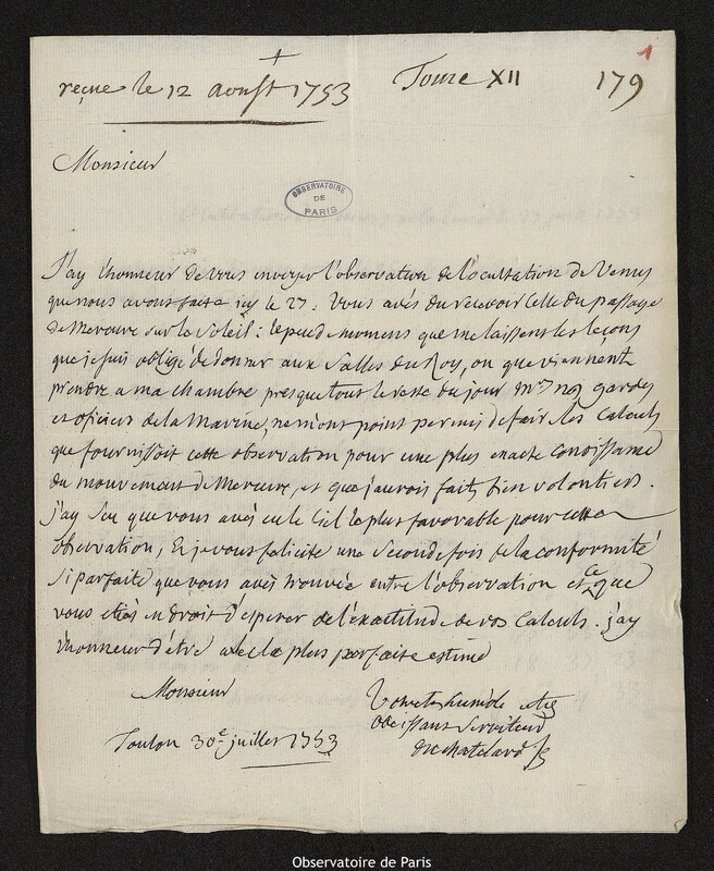 Lettre de Jean-Jacques Du Chatelard à Joseph-Nicolas Delisle, Toulon, 30 juillet 1753