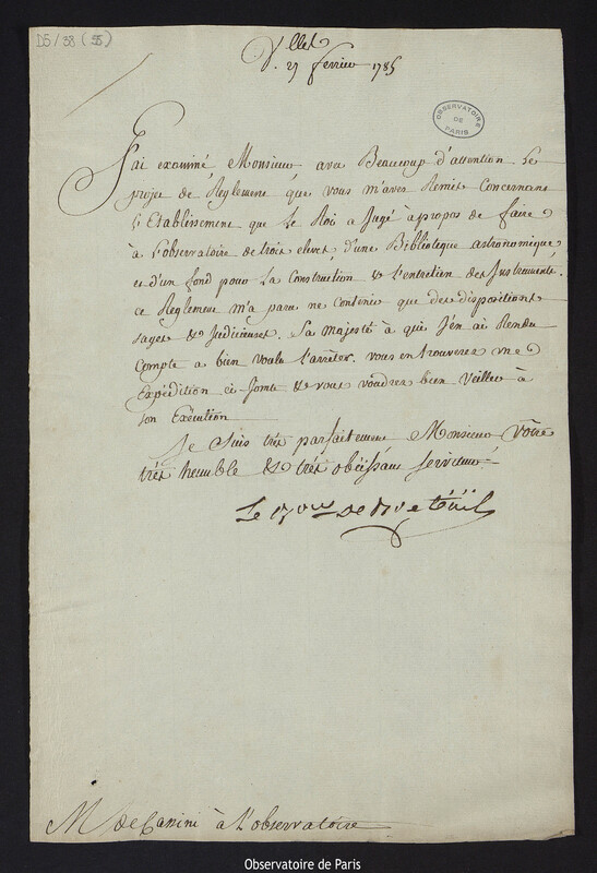 Lettre de Louis Le Tonnelier, baron de Breteuil, à Cassini IV, 27 février 1785