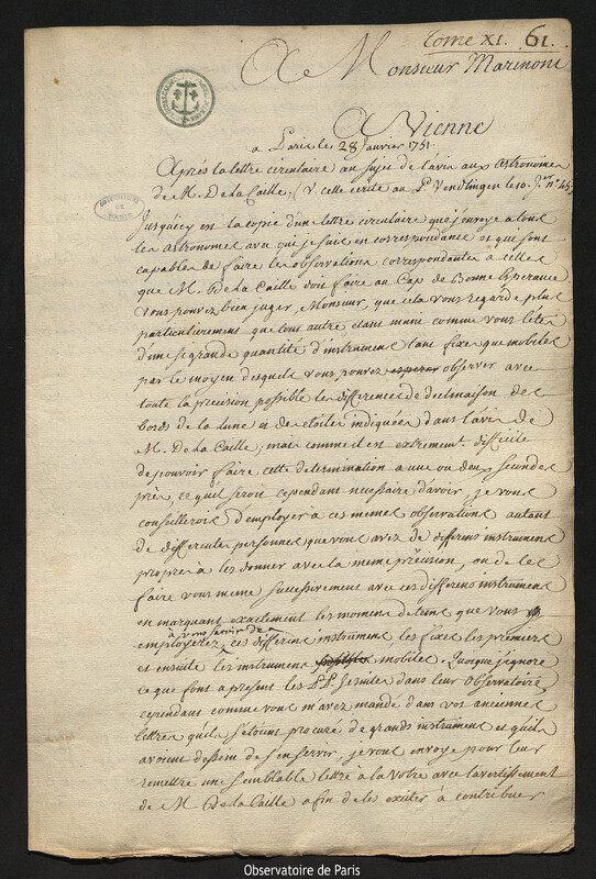 Lettre de Joseph-Nicolas Delisle à Giovanni Giacomo Marinoni, Paris, 28 janvier 1751