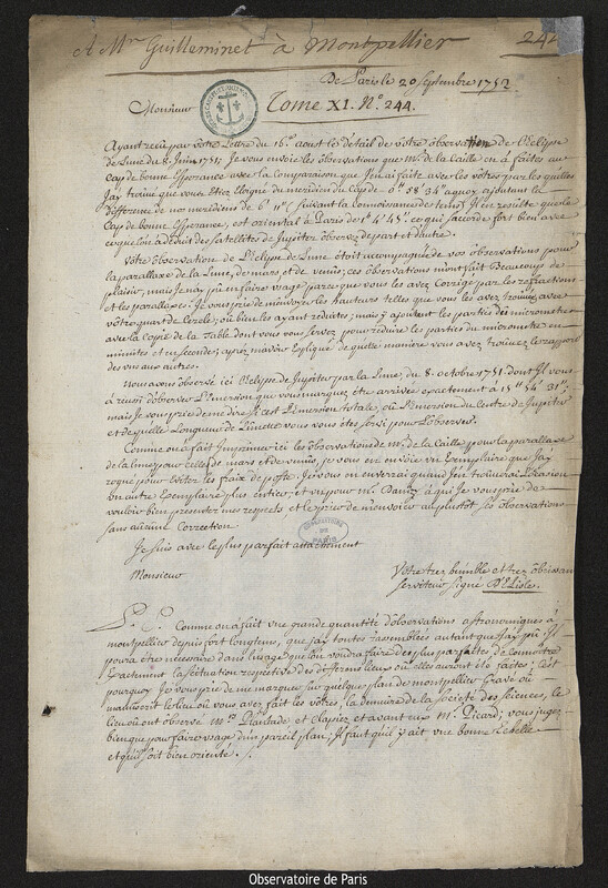 Lettre de Joseph-Nicolas Delisle à Pierre-François de Guilleminet, Paris, 20 septembre 1752