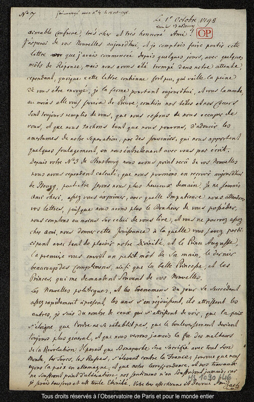 Lettre du baron Franz Xaver von Zach à Joseph Jérôme Le françois de Lalande [Gotha], 1er octobre 1798