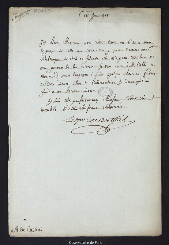 Lettre de Louis Le Tonnelier, baron de Breteuil, à Cassini IV, directeur de l'Observatoire, le 26 juin 1788