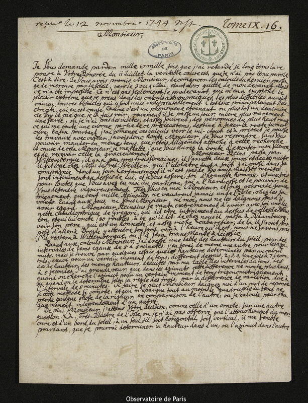 Lettre de Georg Matthias Bose à Joseph-Nicolas Delisle, Wittenberg, 14 septembre 1744