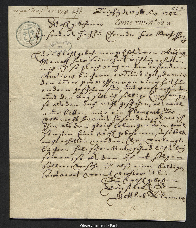 Lettre de Gottlieb Clanner à Joseph-Nicolas Delisle, Leipzig, 17 novembre 1742