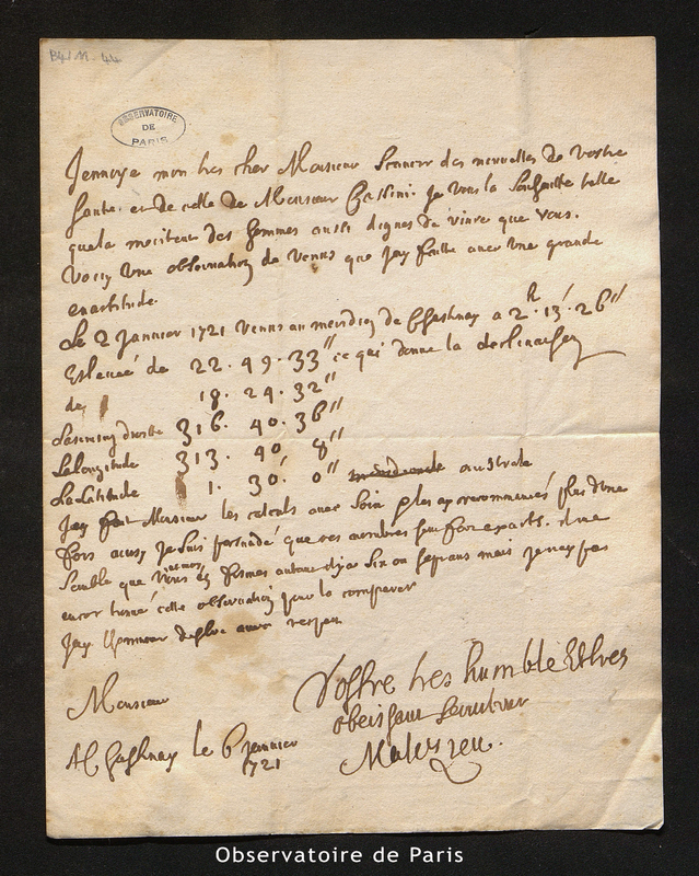 Lettre de Malezieu à Maraldi, Chastenay le 6 janvier 1721