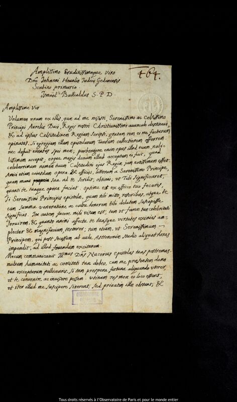 Lettre d'Ismaël Boulliau à Jan Heweliusz, Paris, 17 septembre 1655