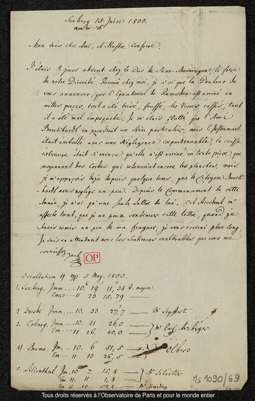 Lettre du baron Franz Xaver von Zach à Joseph Jérôme Le françois de Lalande Seeberg, 15 juin 1800