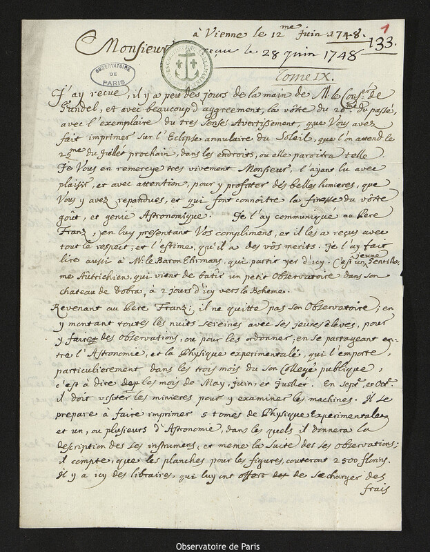 Lettre de Giovanni Giacomo Marinoni à Joseph-Nicolas Delisle, Vienne, 12 juin 1748