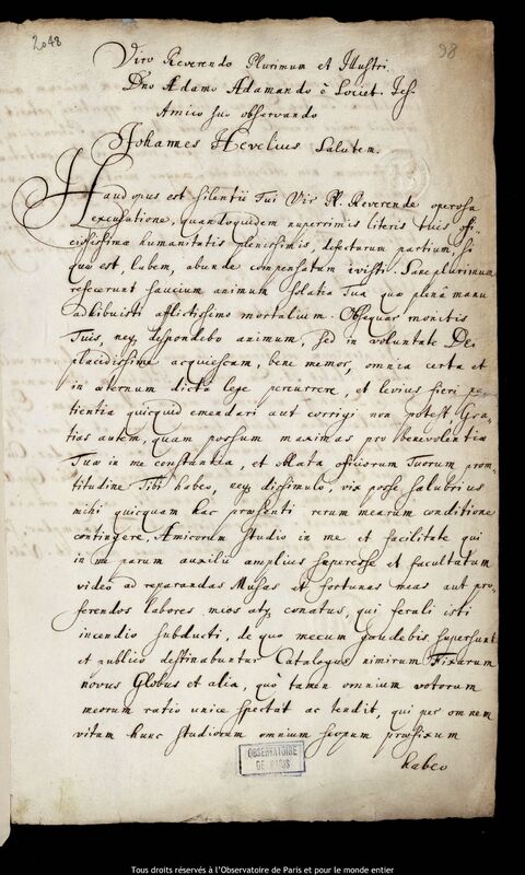 Lettre de Jan Heweliusz à Adam Adamandus Kochanski, Gdansk, 3 janvier 1680