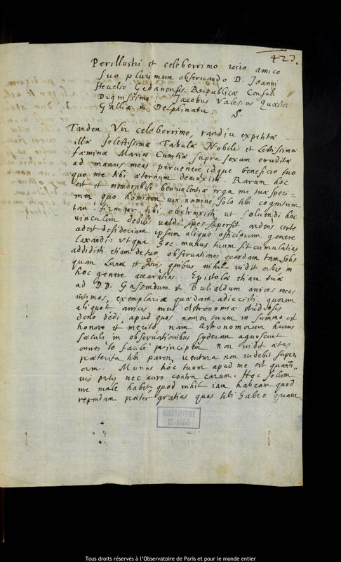 Lettre de Jacobus Valesius à Jan Heweliusz, Grenoble, 13 septembre 1654