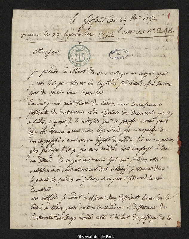 Lettre de l'abbé Ducarne à Joseph-Nicolas Delisle, Hirson, 24 septembre 1752