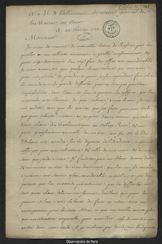 Lettre de Joseph-Nicolas Delisle à Jean-Baptiste-Henri du Trousset de Valincour,25 février 1725