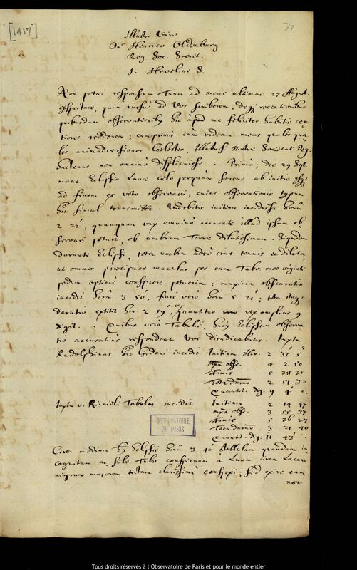 Lettre de Jan Heweliusz à Henry Oldenburg, Gdansk, 31 octobre 1670