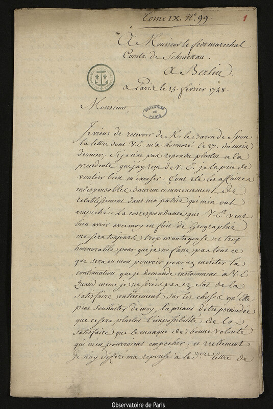 Lettre de Joseph-Nicolas Delisle à comte Samuel de Schmettau, Paris, 15 février 1748