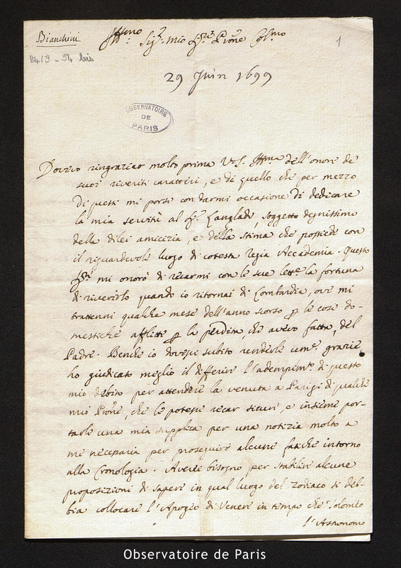 Lettre de Francesco Bianchini à Cassini I, Rome le 29 juin 1699