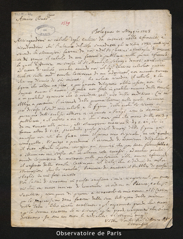 Lettre de Manfredi à Maraldi, Bologne le 2 mai 1723