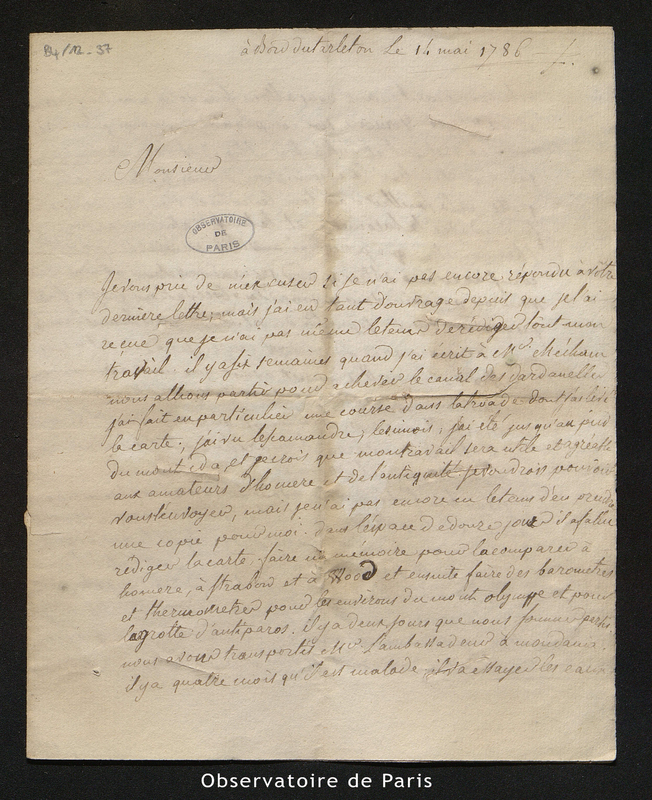 Lettre de Tondu à Cassini IV, bord du Tarleton le 14 mai 1786