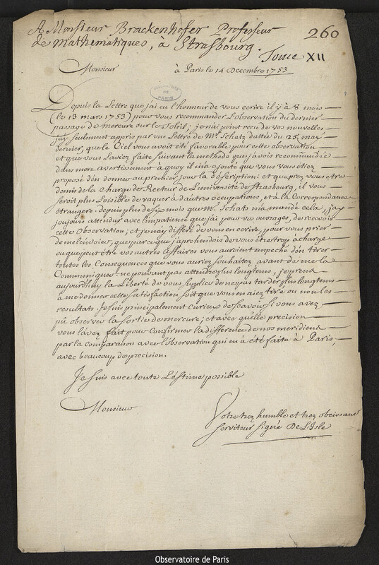 Lettre de Joseph-Nicolas Delisle à Jean Jérémie Brackenhoffer, Paris, 14 décembre 1753