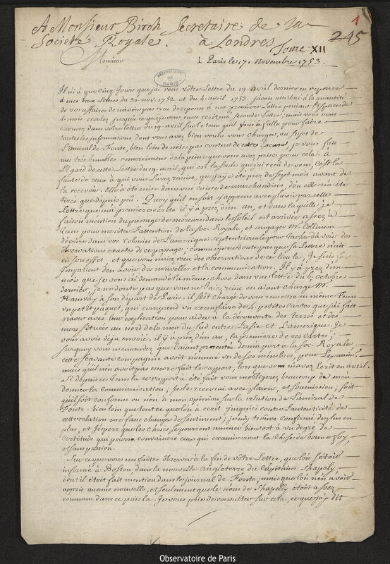 Lettre de Joseph-Nicolas Delisle à Thomas Birch, Paris, 17 novembre 1753