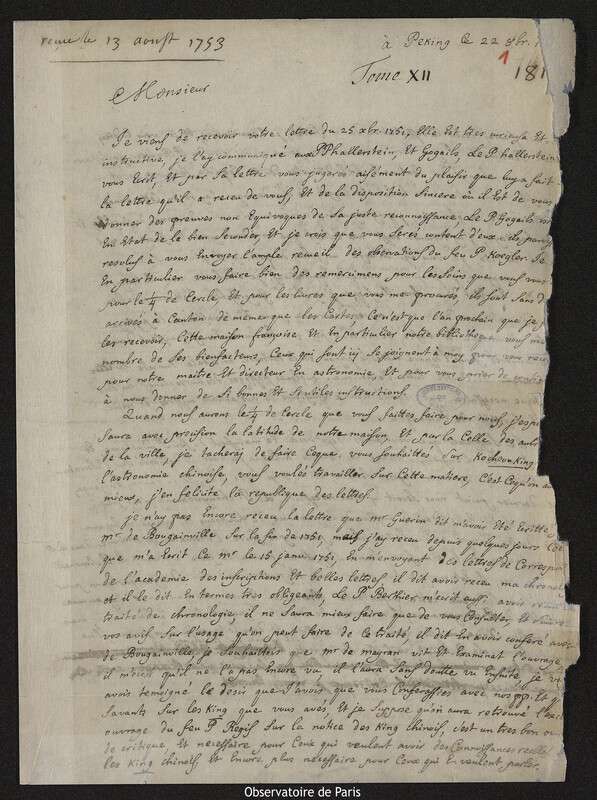 Lettre de Antoine Gaubil à Joseph-Nicolas Delisle, Pékin, 22 octobre 1752