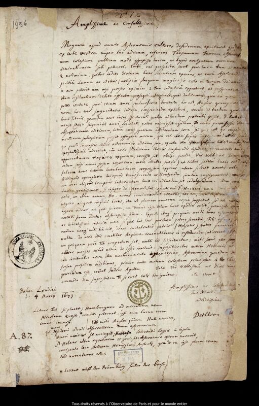 Lettre de Detlev Clüver à Jan Heweliusz, Londres, 4 mars 1679