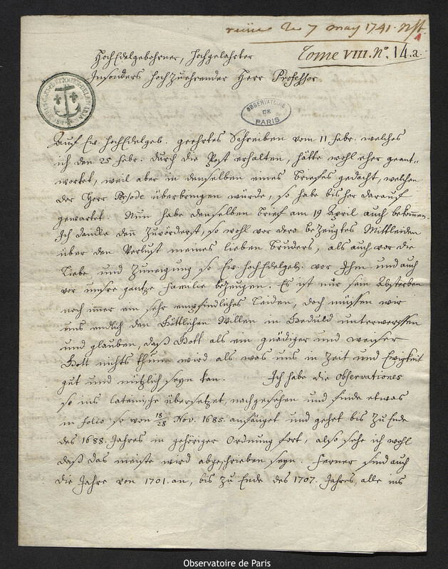 Lettre de Christine Kirch à Joseph-Nicolas Delisle, Berlin, 25 avril 1741