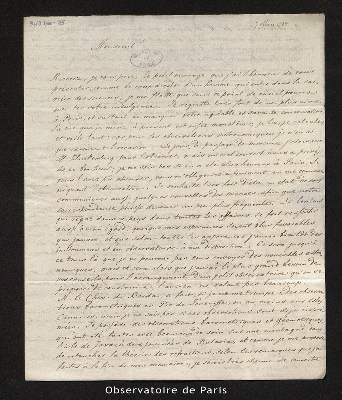 Lettre de C. H. Damen à Cassini IV, La Haye le 7 mars 1783