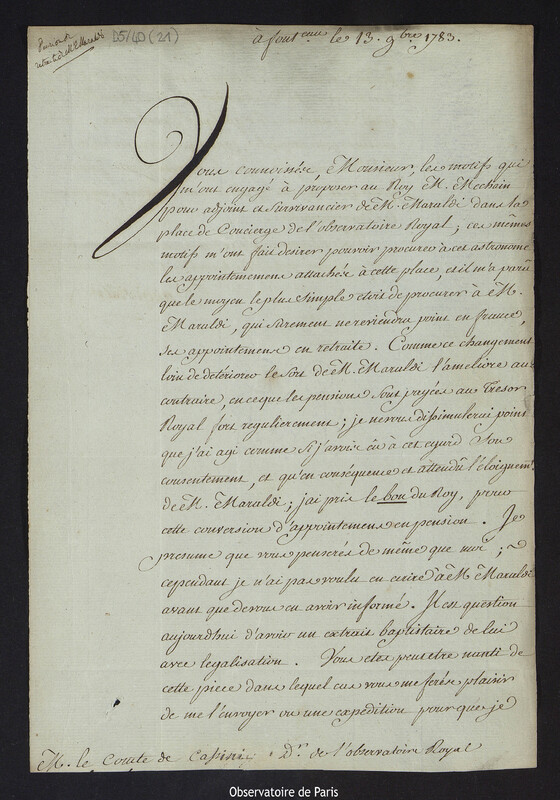 Lettre de Charles de la Billarderie, comte d'Angiviller, à Cassini IV, à Versailles le 13 novembre 1783