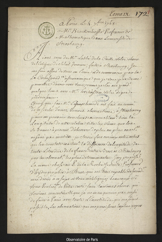 Lettre de Joseph-Nicolas Delisle à Jean Jérémie Brackenhoffer, Paris, 4 septembre 1748