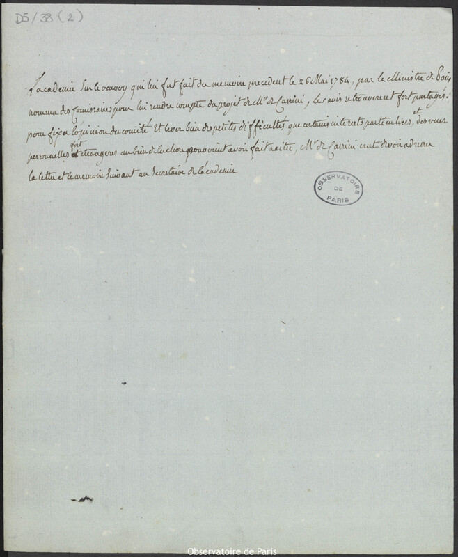 Copie d'une lettre de Cassini IV à Monsieur le Marquis de Condorcet, 3 juillet 1784