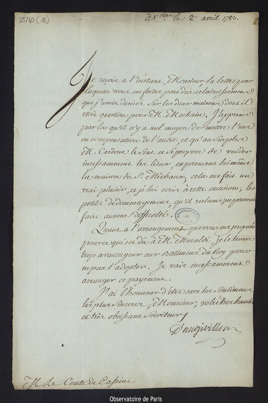 Lettre de Charles de la Billarderie, comte d'Angiviller, à Cassini IV, à Versailles le 2 avril 1783