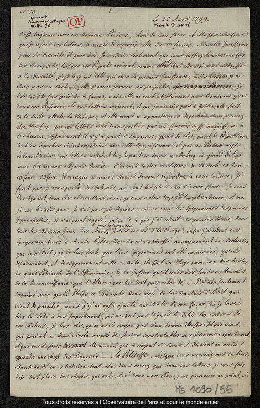 Lettre du baron Franz Xaver von Zach à Joseph Jérôme Le françois de Lalande [Gotha], 22 mars 1799