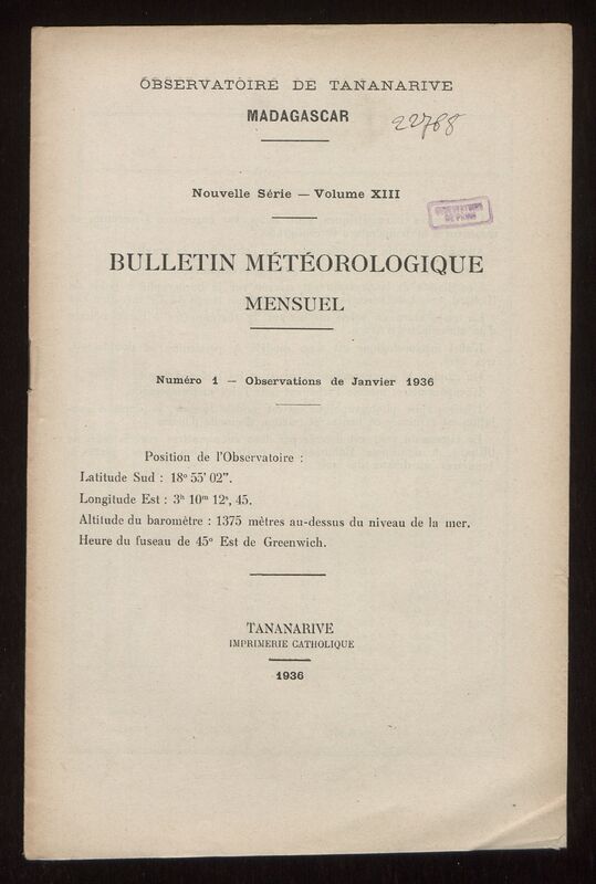 (1936) Bulletin météorologique mensuel de l'Observatoire de Tananarive