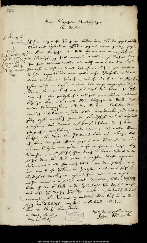 Lettre de Jan Heweliusz à Christian Mentzel, Gdansk, 15 mars 1679