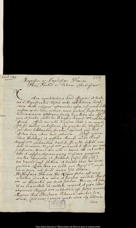 Lettre de Heinrich Kummerfeld à Jan Heweliusz, Varsovie, 6 avril 1685