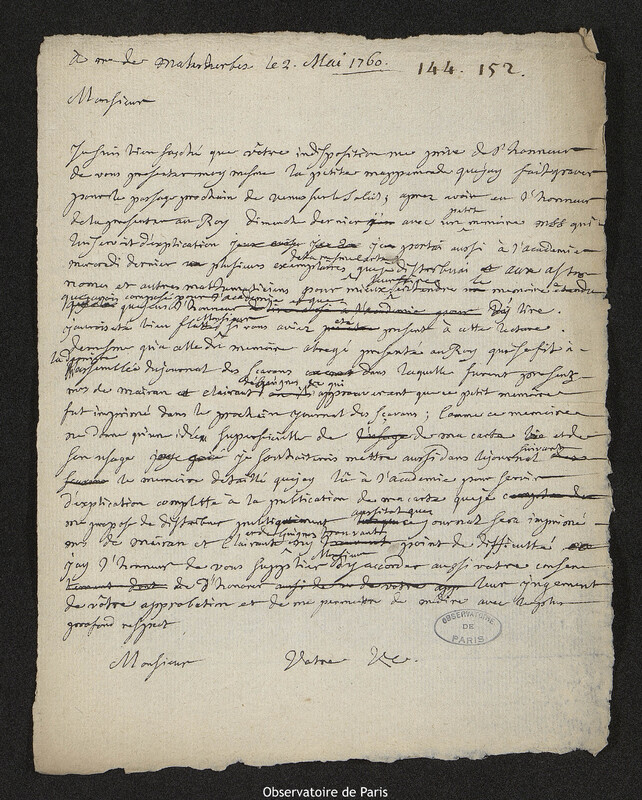 Lettre de Joseph-Nicolas Delisle à Chrétien-Guillaume de Lamoignon de Malesherbes,2 mai 1760